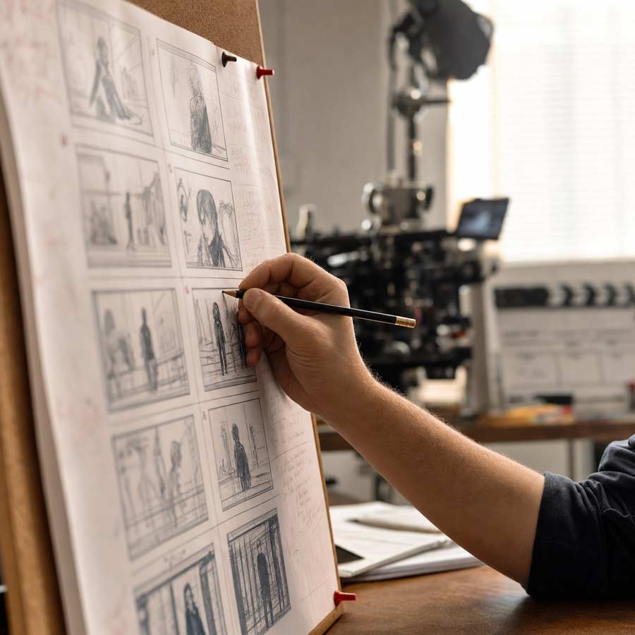 Story development — filmmaker reviewing notes